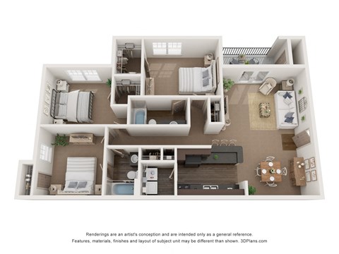 Floor plan for 3 beds, 2 baths, 1268 sqft